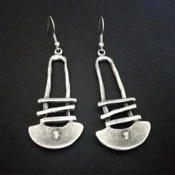New Native Tribal Handmade Sterling Silver Antique Style Geo Dangle Earrings - Picture 3 of 16
